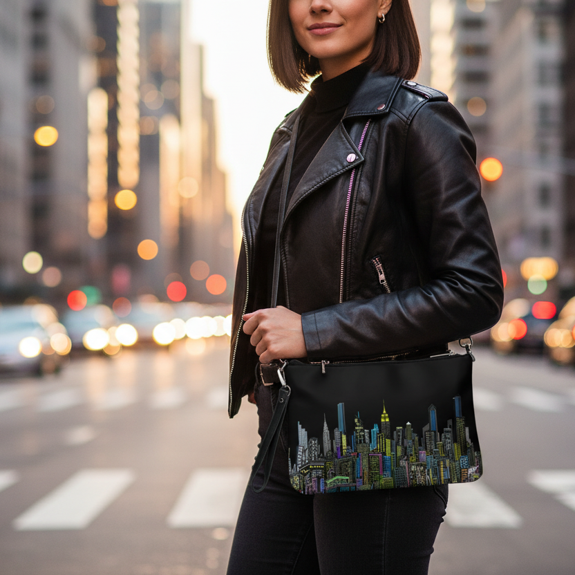 Woman in a leather jacket holding a handbag with a Loria NYC Art cityscape design on a city street.
