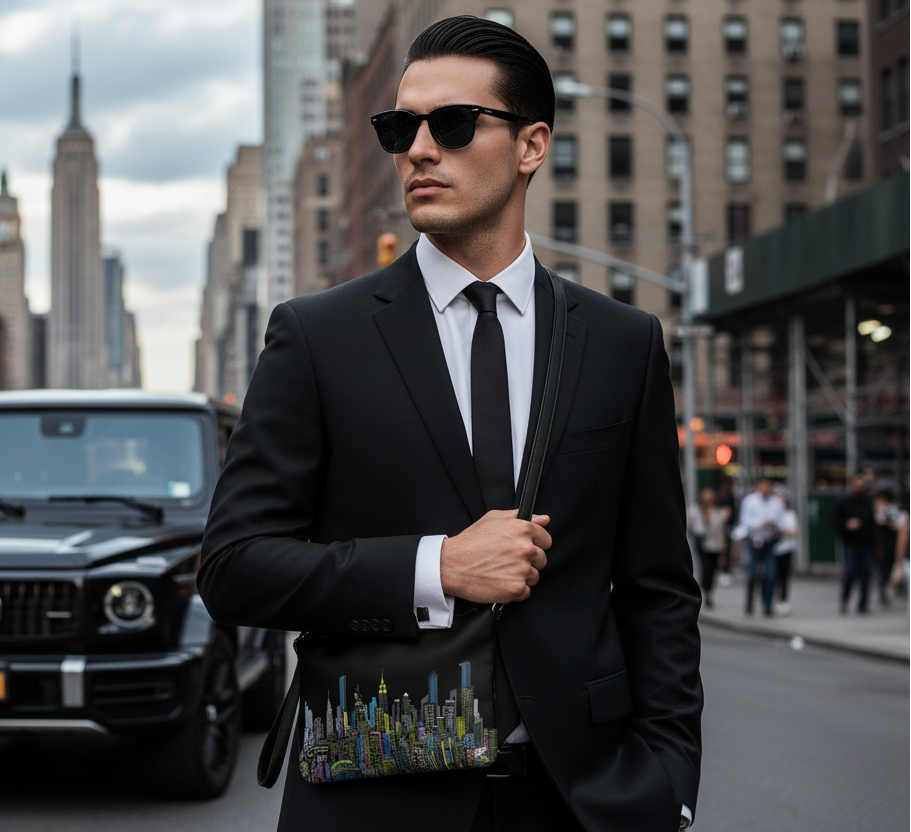 Man holding a Loria NYC Art black bag in a suit standing on a city street with a car and buildings in the background