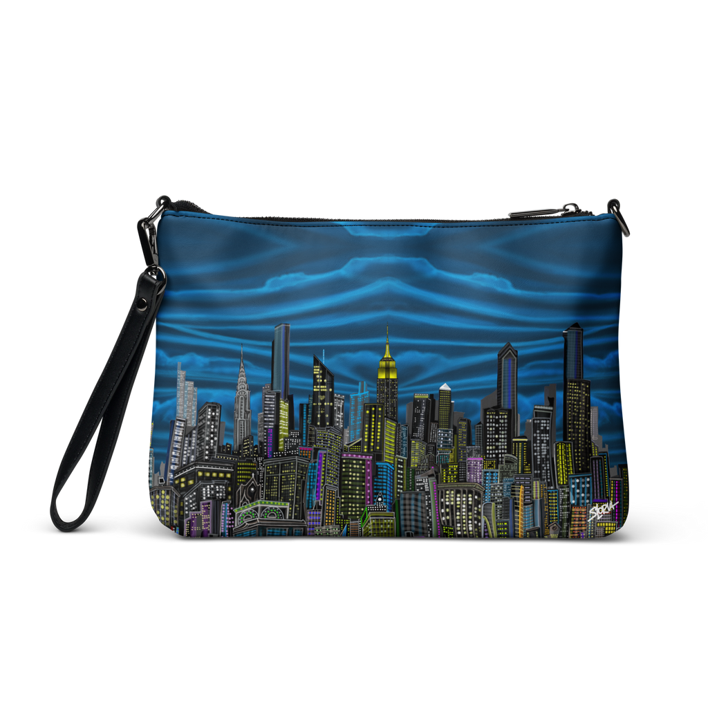 Pouch with cityscape Loria NYC Art design and zipper on a white background