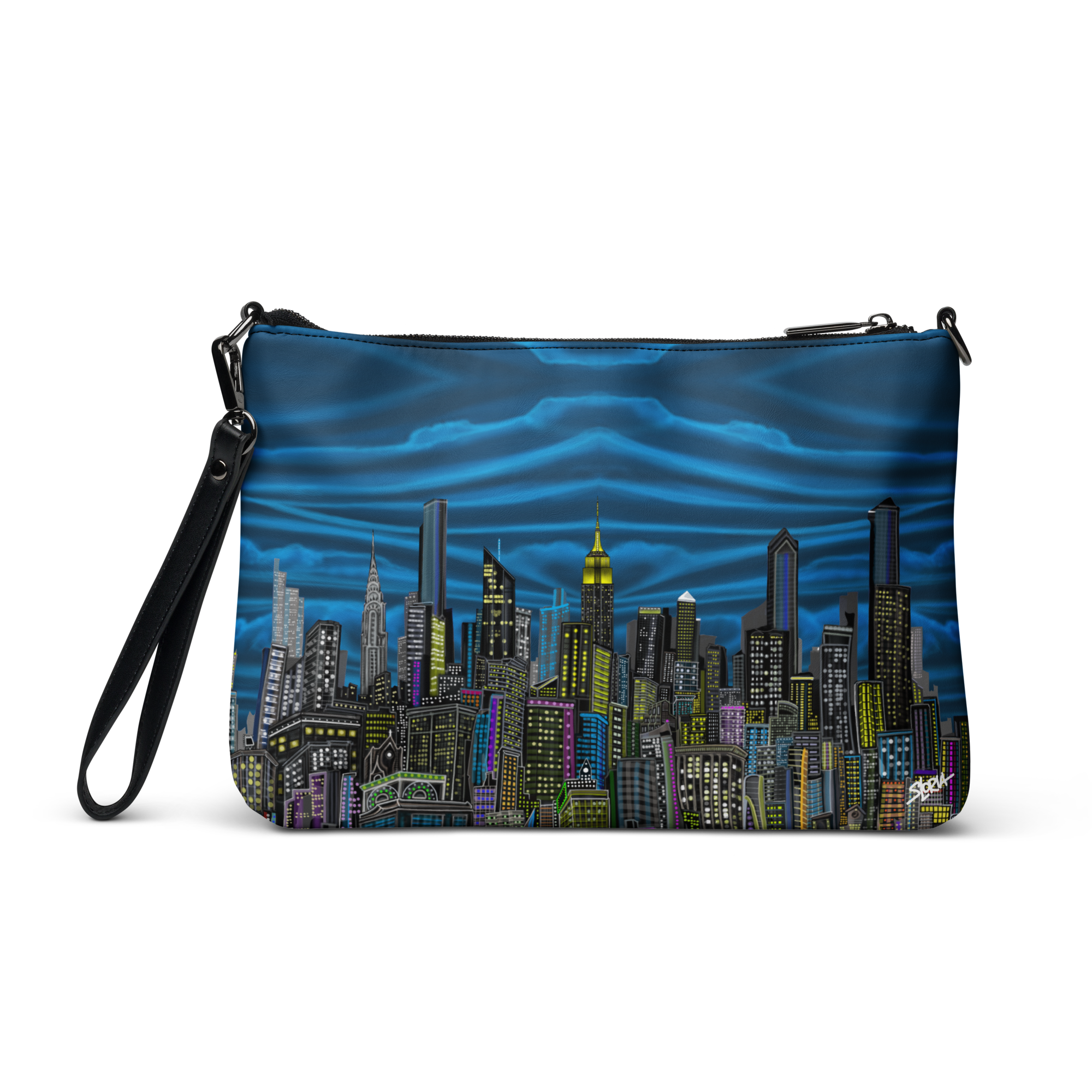 Pouch with cityscape Loria NYC Art design and zipper on a white background