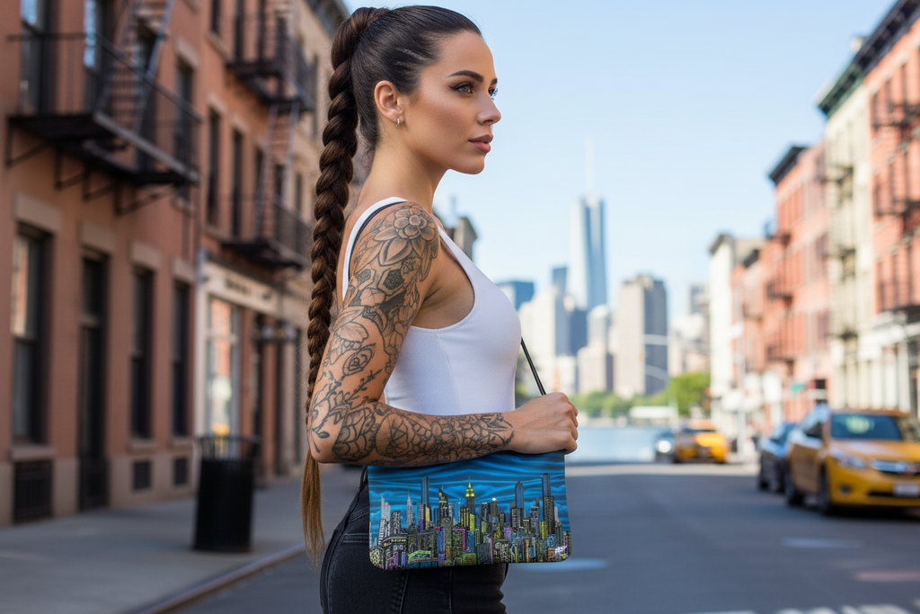 Female with a Loria NYC Art cityscape bag standing on a street with a city skyline in the background