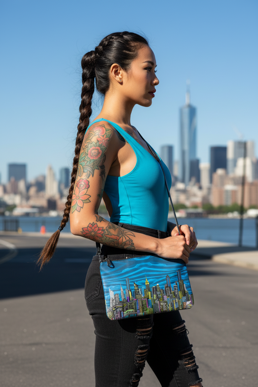 Woman with a Loria NYC Art cityscape bag standing on a road with a city skyline in the background