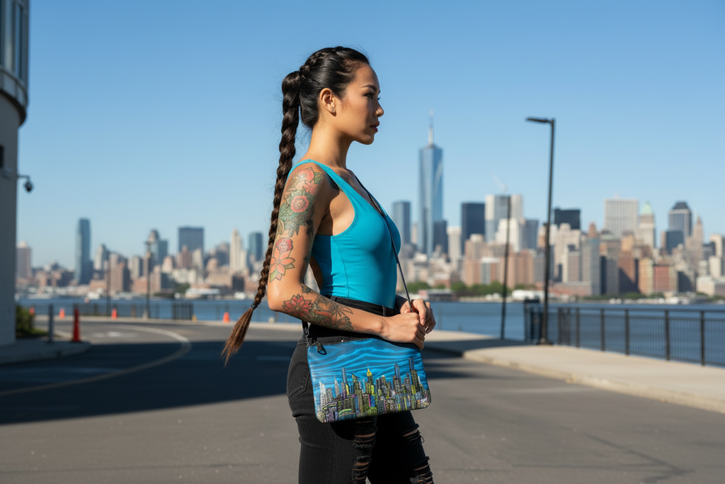 Female holding blue Loria NC Art clutch with a city skyline.