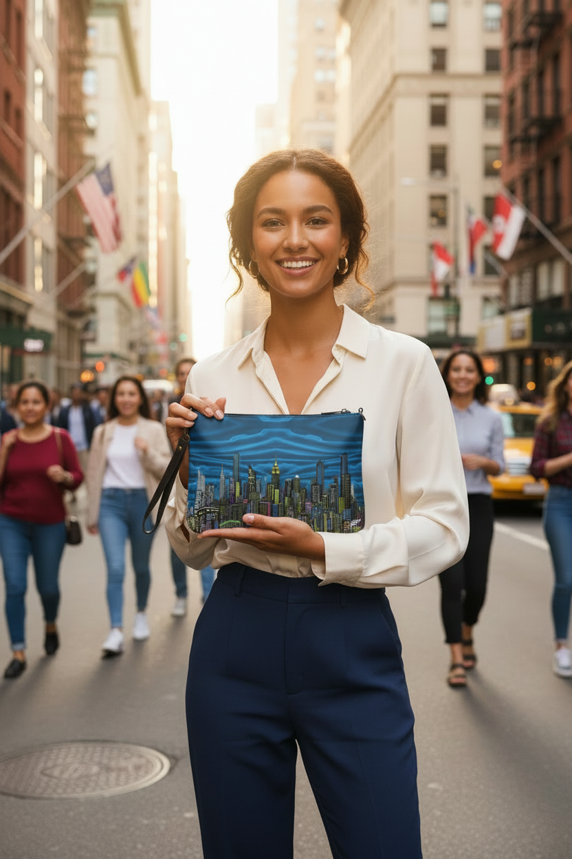 Women holding a blue Loria NYC Art clutch bag in a city setting