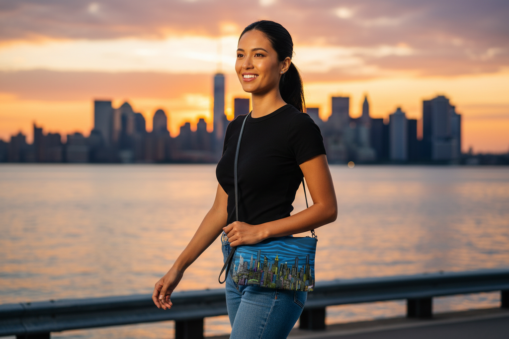 Woman holding a Loria NYC Art bag standing by a waterfront with a city skyline in the background during sunset.