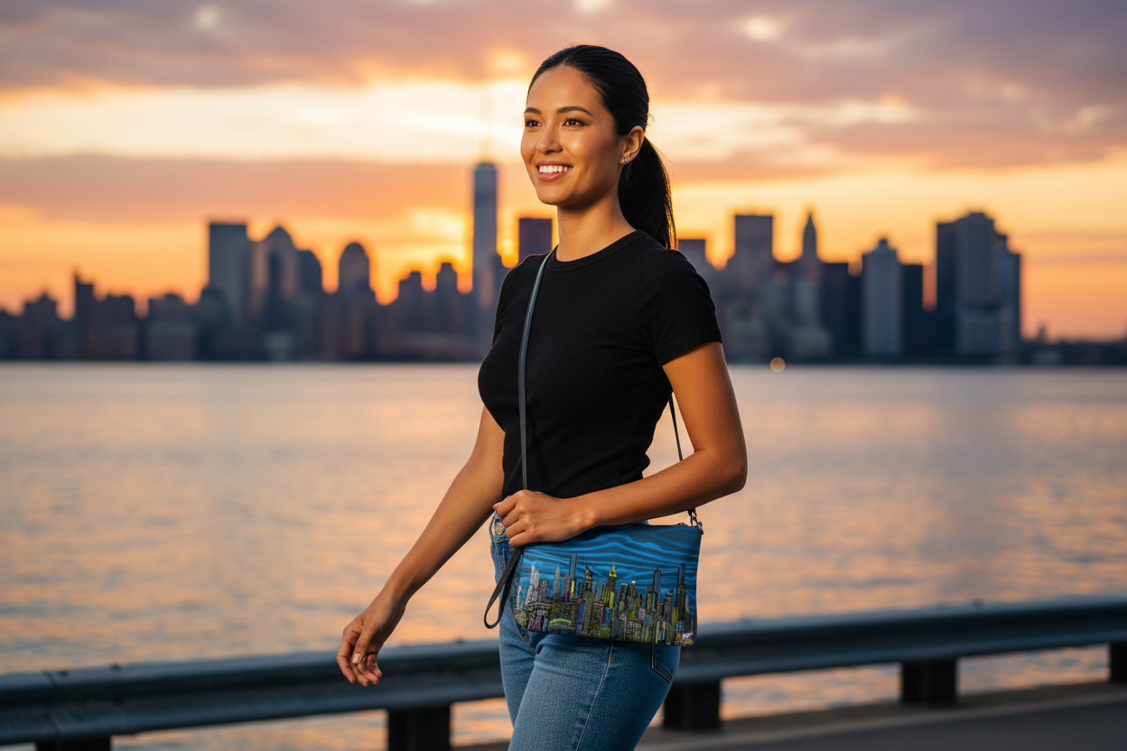 Woman holding a Loria NYC Art bag standing by a waterfront with a city skyline in the background during sunset.
