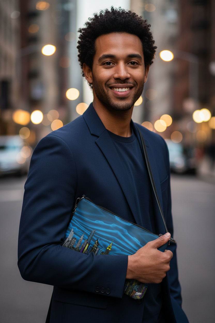 Man holding a blue Loria NYC Art clutch bag in a city setting