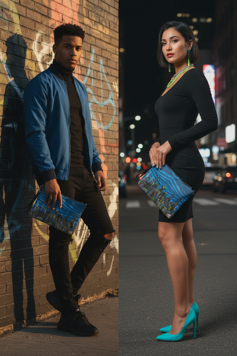 Two people holding blue Loria NYC Art clutch bags in urban settings. 