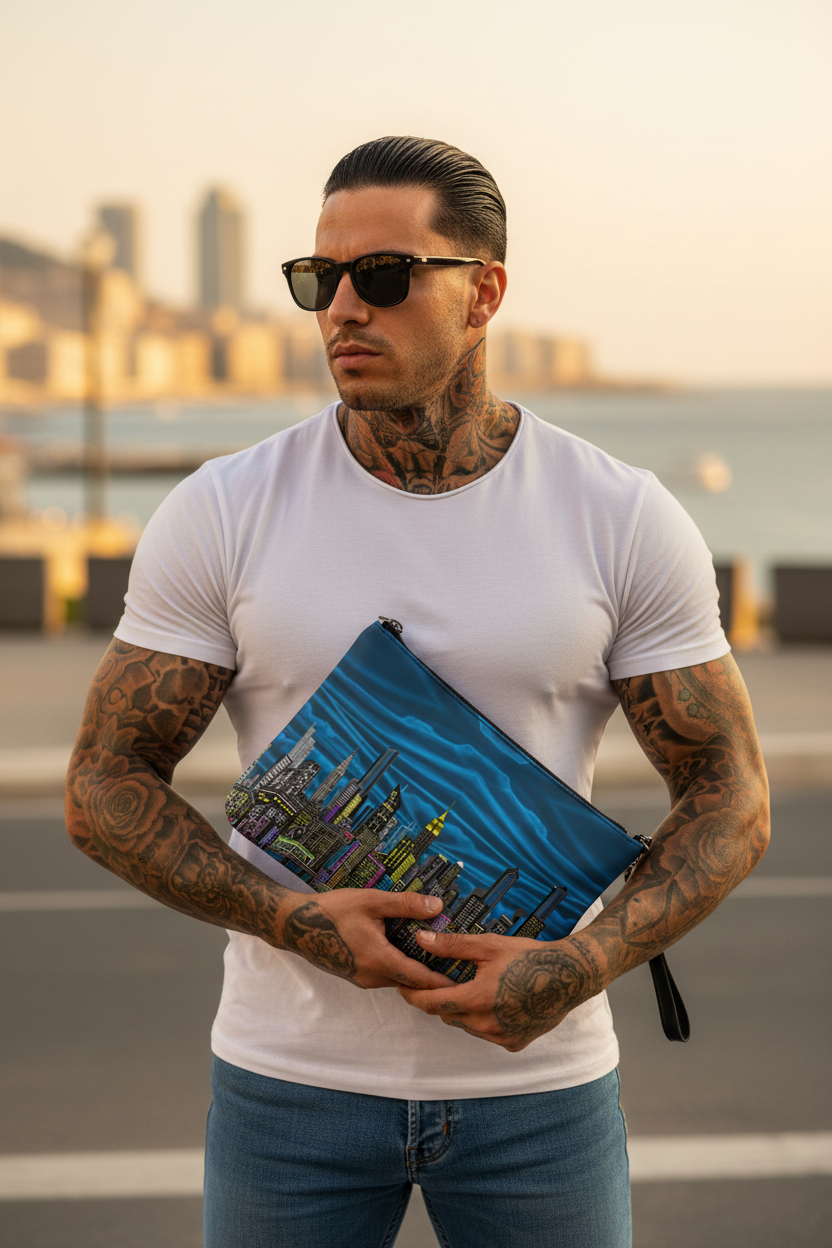 Man holding a blue clutch with Loria NYC Art cityscape design against an urban background