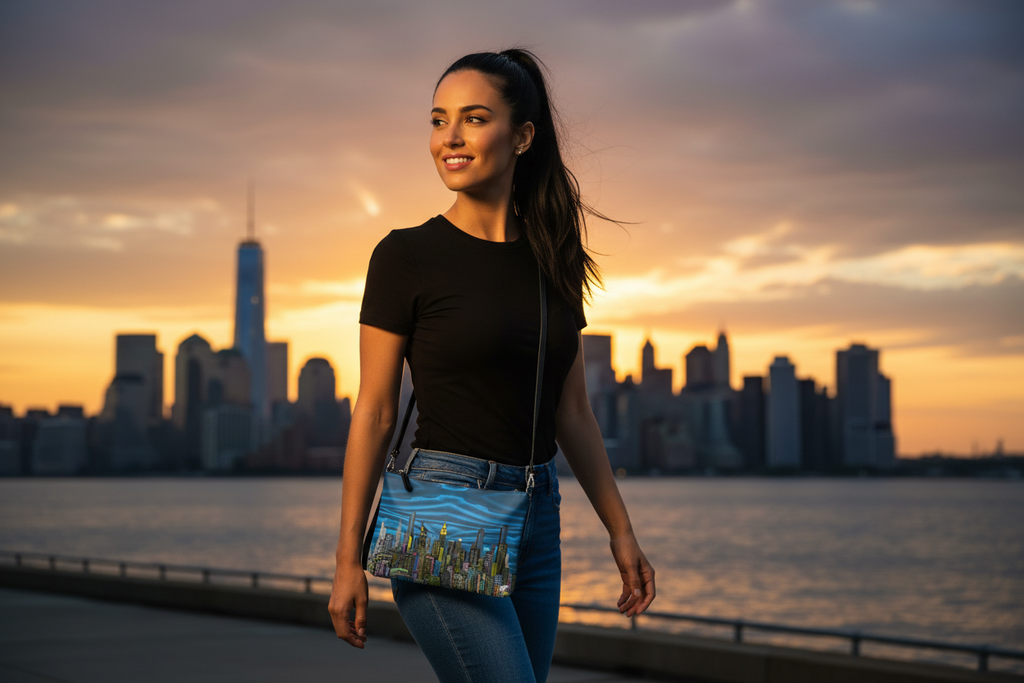 Woman walking with a blue Loria NYC Art bag along a waterfront promenade with a city skyline in the background during sunset.