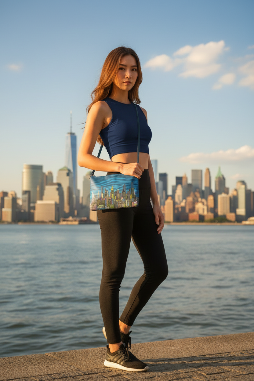 Women holding a blue Loria NYC Art clutch with skyline in the background.
