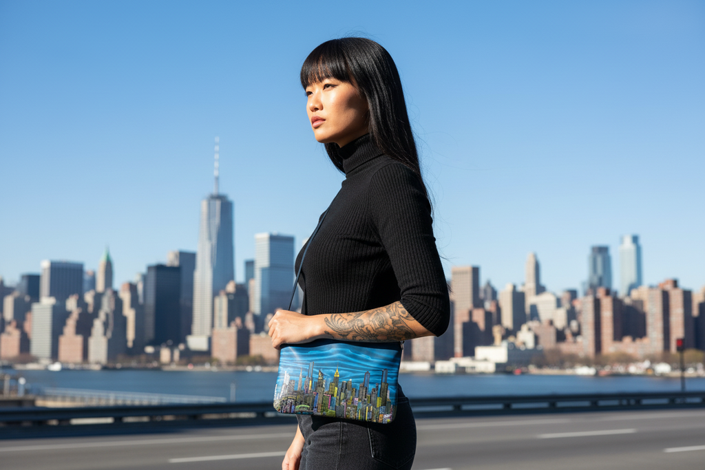 Woman holding a blue clutch with a cityscape Loria NYC Art design, standing in front of a city skyline.