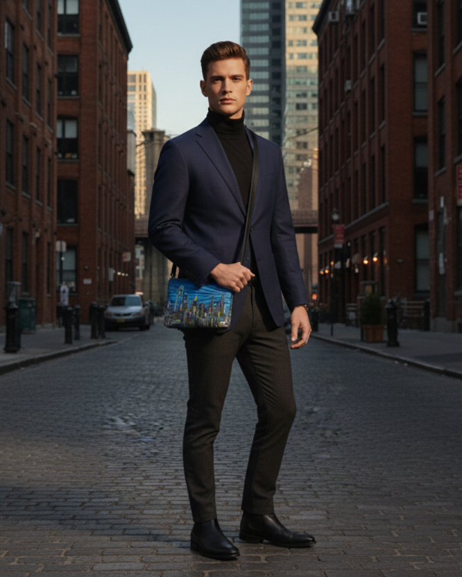 Man holding a Loria NYC Art bag in formal attire with city skyline in the background