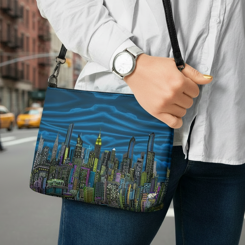 Person holding a blue bag with a Loria NYC Art cityscape design