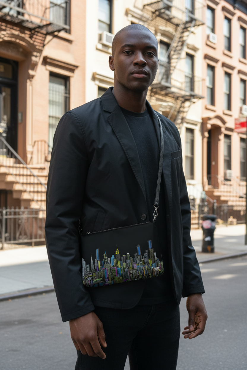 Person wearing a black jacket with a colorful Loria NYC Art cityscape bag on a city street 
