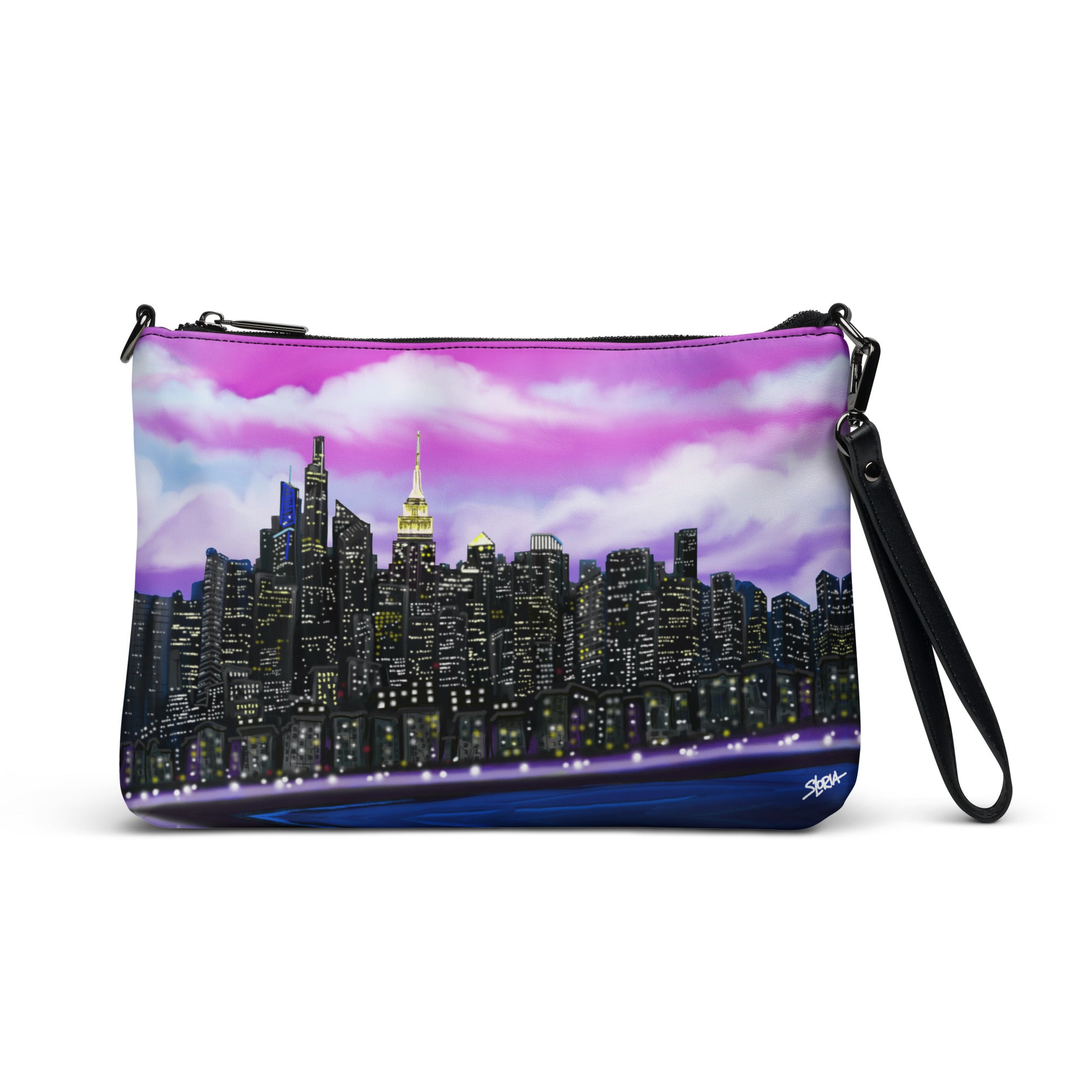 Crossbody bag with a Loria NYC Art city skyline design on a white background