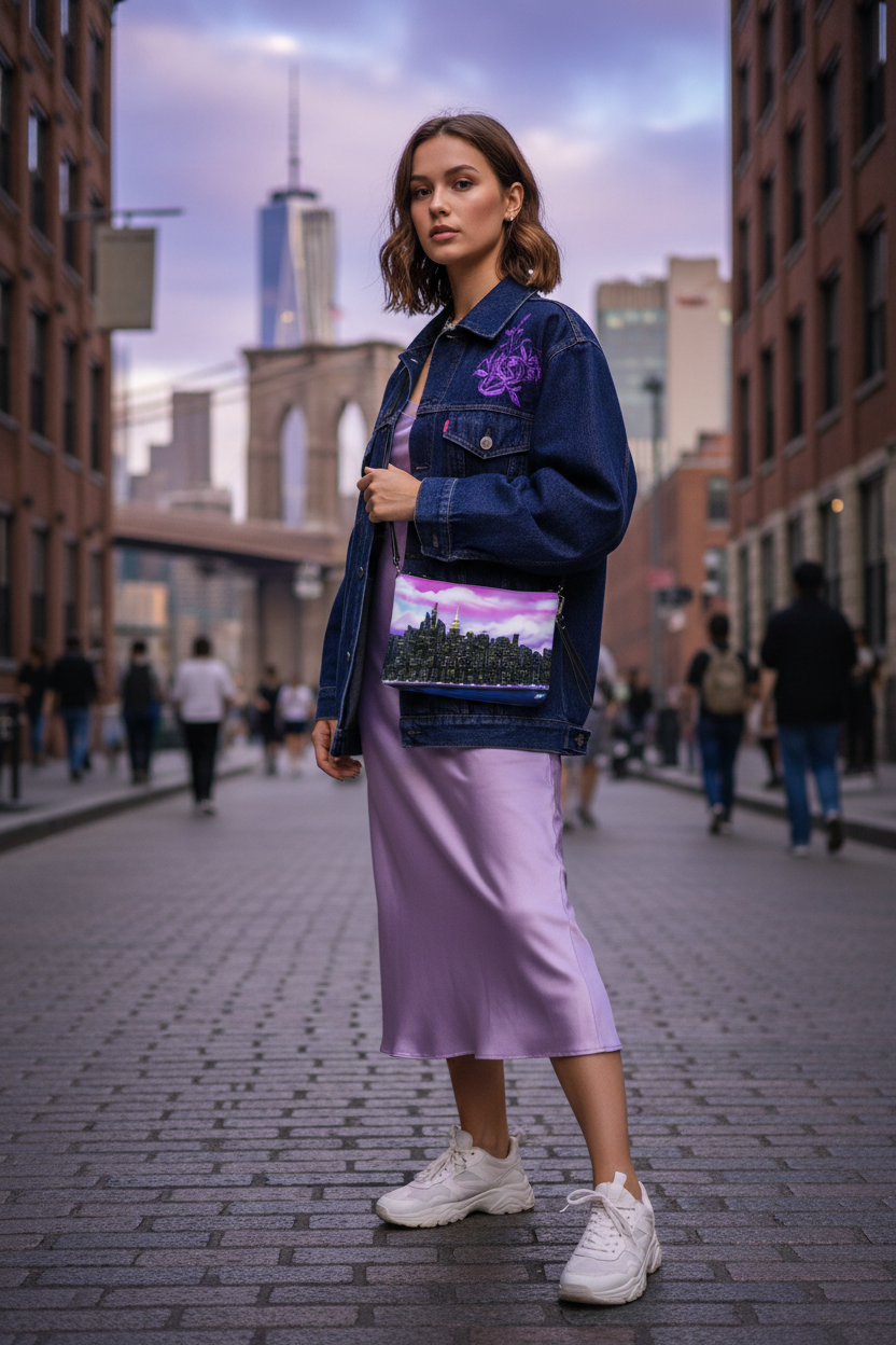 Woman in a denim jacket with a Loria NYC Art cityscape bag and a purple skirt standing on a city street.