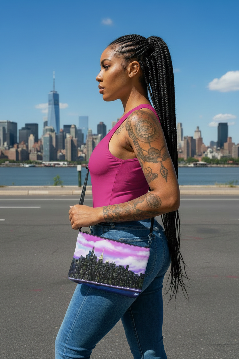 Woman holding a Loria NYC Art cityscape bag with a skyline in the background