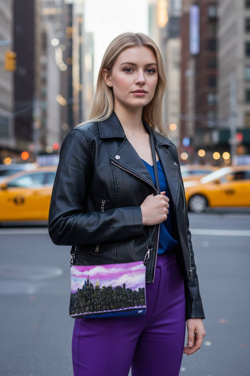 Woman in a city street holding a Loria NYC Art colorful handbag