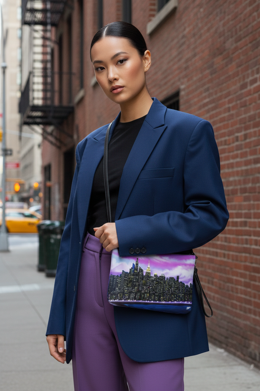 Woman in a blue blazer and purple pants holding a colorful Loria NYC Art handbag on a city street.