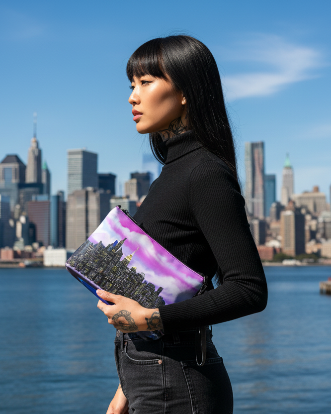 Woman holding a clutch with a cityscape Loria NYC Art design against a skyline backdrop