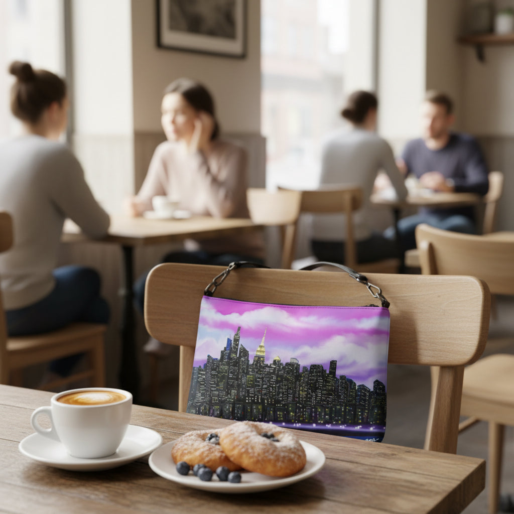 Cafe chair with Crossbody bag with a Loria NYC Art city skyline design by tale with pastries 