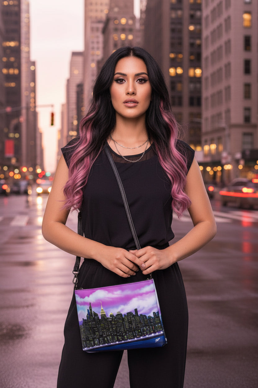 Lady showing Crossbody bag with a Loria NYC Art city skyline design in urban streets