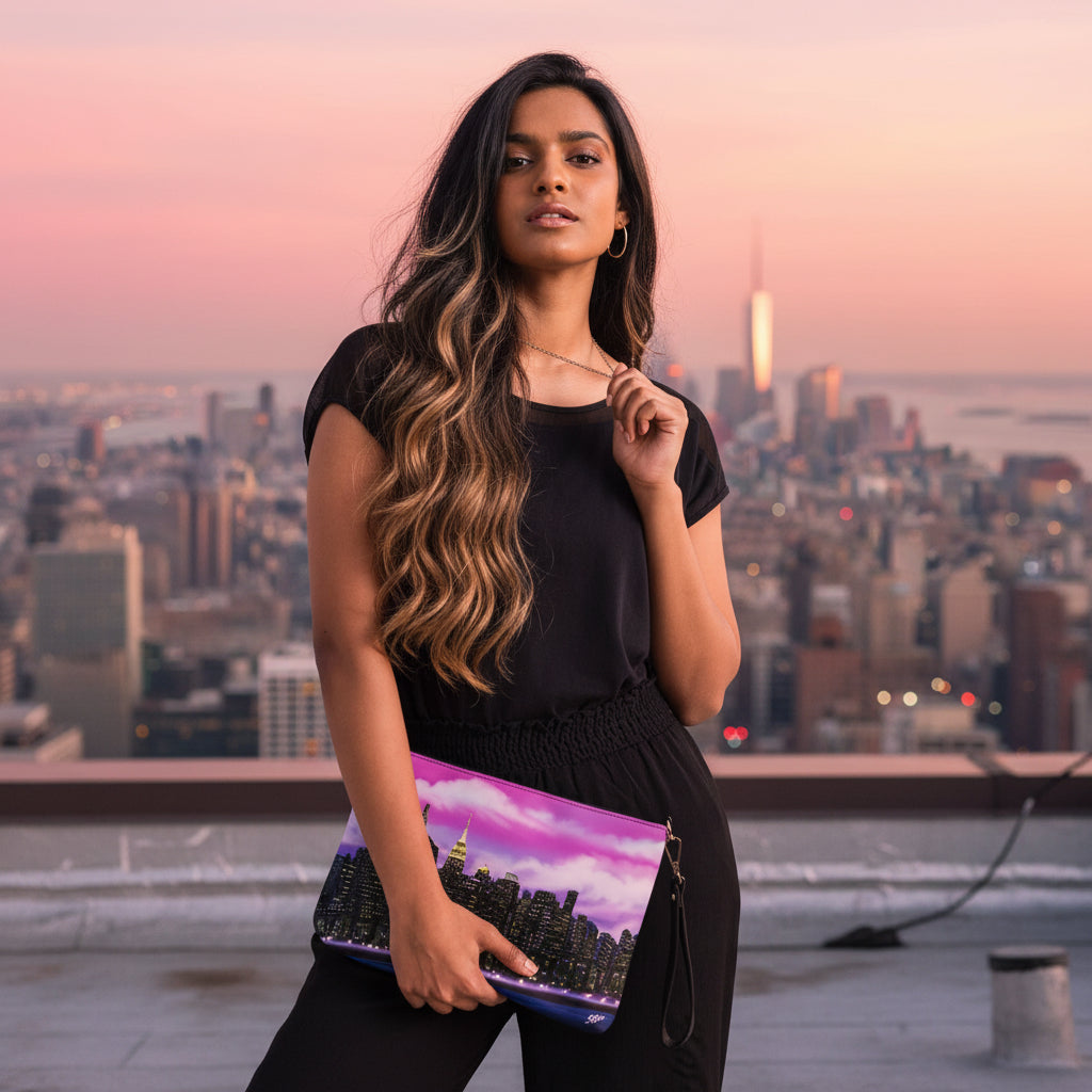 Crossbody bag with a Loria NYC Art city skyline design with lady model