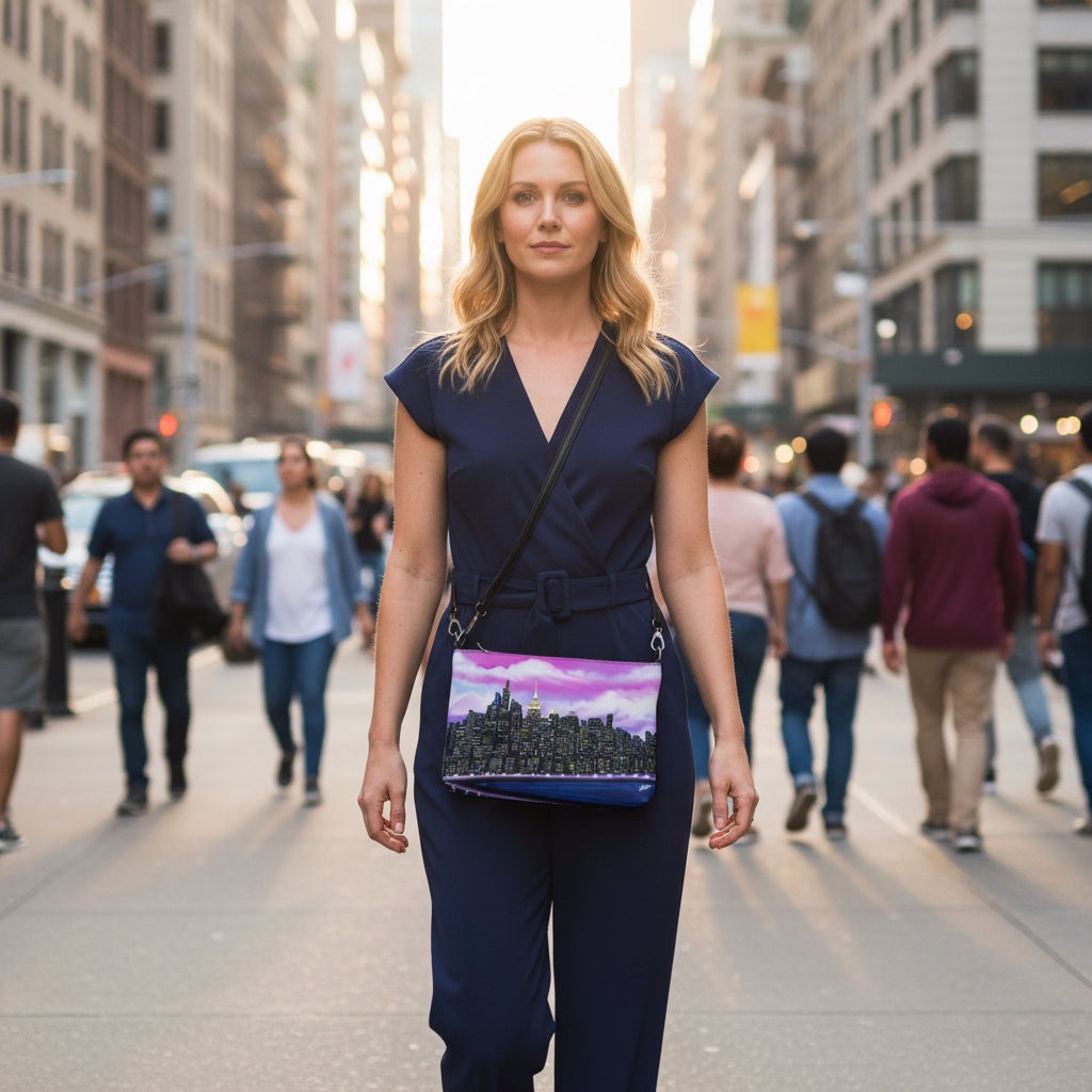 Lady walking with a Crossbody bag with a Loria NYC Art city skyline design 
