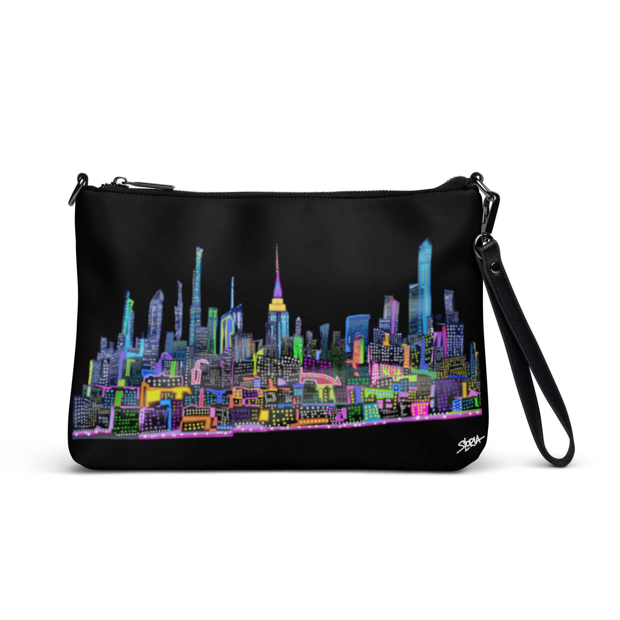Black crossbody bag with colorful Loria NYC Art cityscape design on a white background