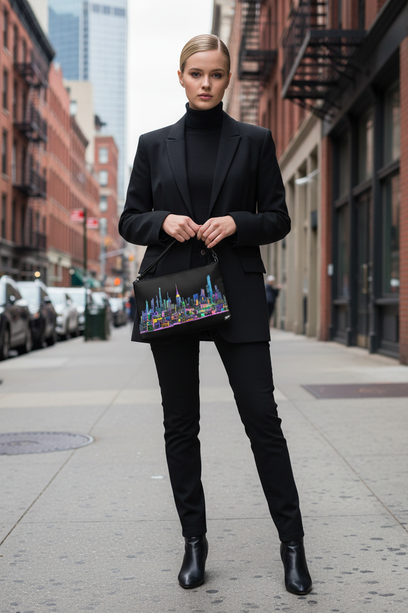 Woman in a black outfit holding a colorful Loria NYC Art handbag on a city street.