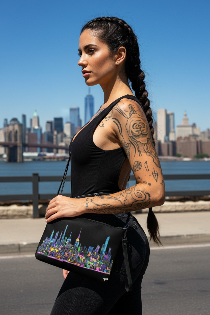 Woman wearing black holding a crossbody bag with a colorful Loria NYC Art cityscape design against a city skyline.