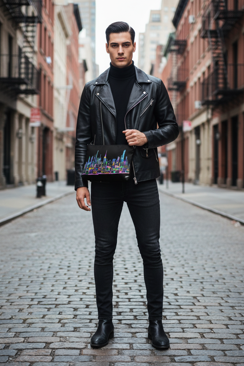 Man in black leather jacket and pants holding a colorful Loria NYC Art clutch on a city street.