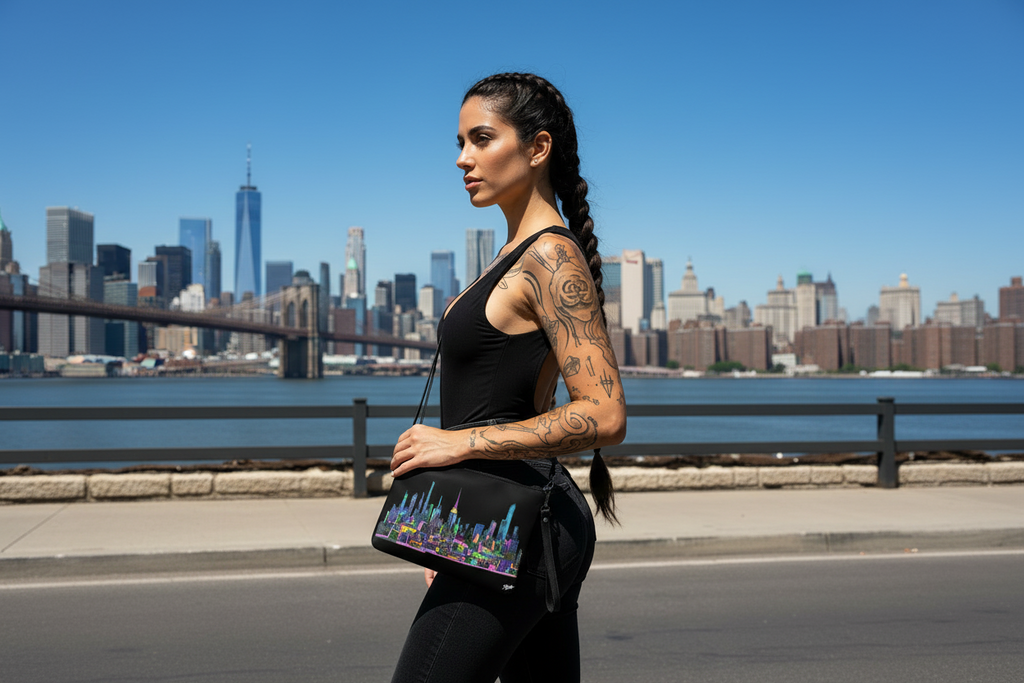 Woman with tattoos holding a colorful Loria NYC Art bag against a city skyline backdrop