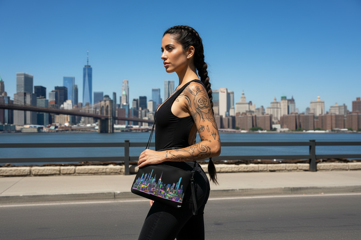 Woman with tattoos holding a colorful Loria NYC Art bag against a city skyline backdrop