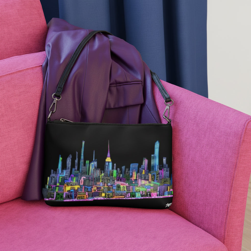 Black bag with colorful cityscape Loria NYC Art design on a pink couch