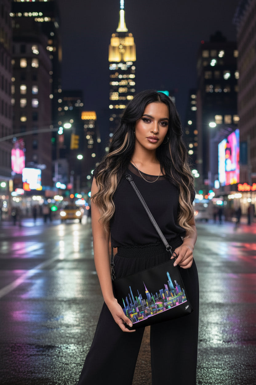 Woman holding a black Loria NYC Art crossbody bag with a colorful cityscape design on a urban background