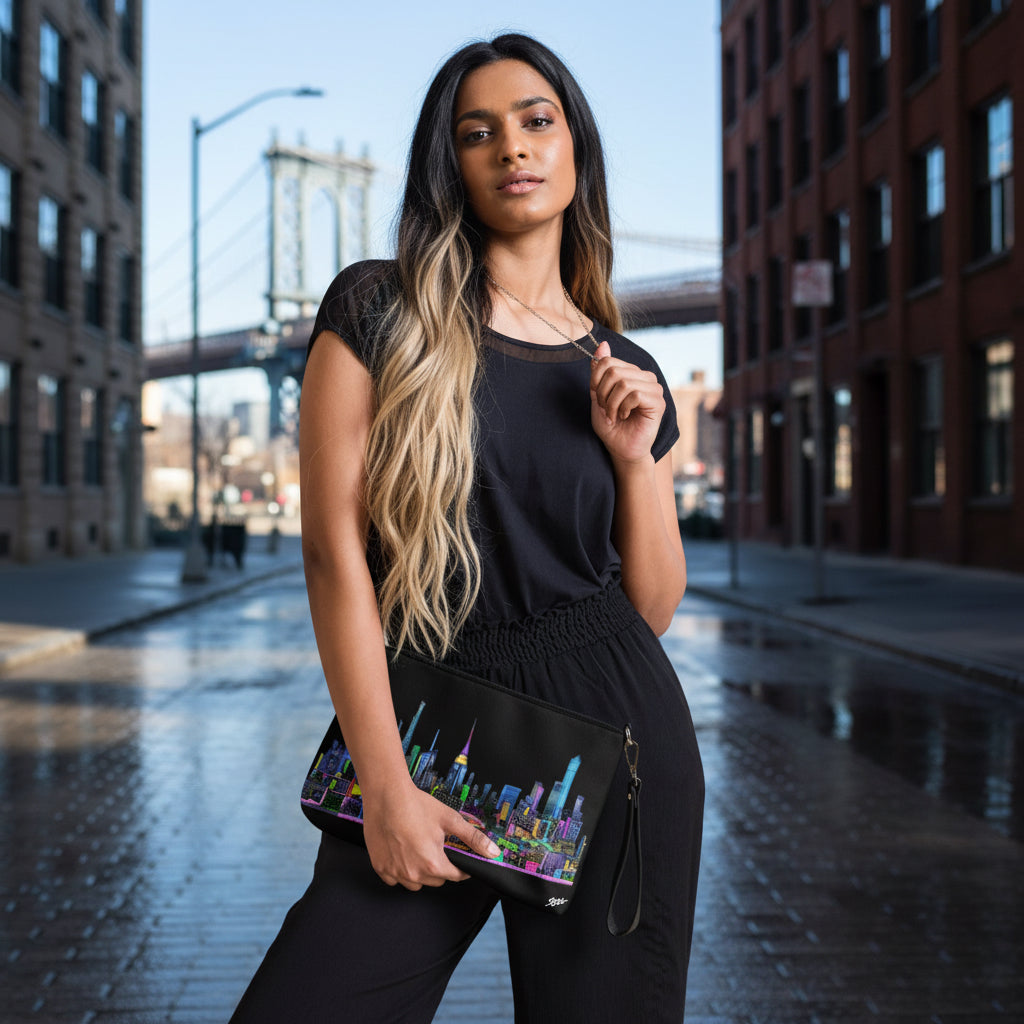Woman holding a Loria NYC Art colorful clutch against a striped wall