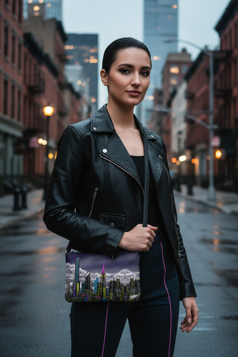 Woman holding a handbag with a cityscape Loria NYC Art design on a city street.
