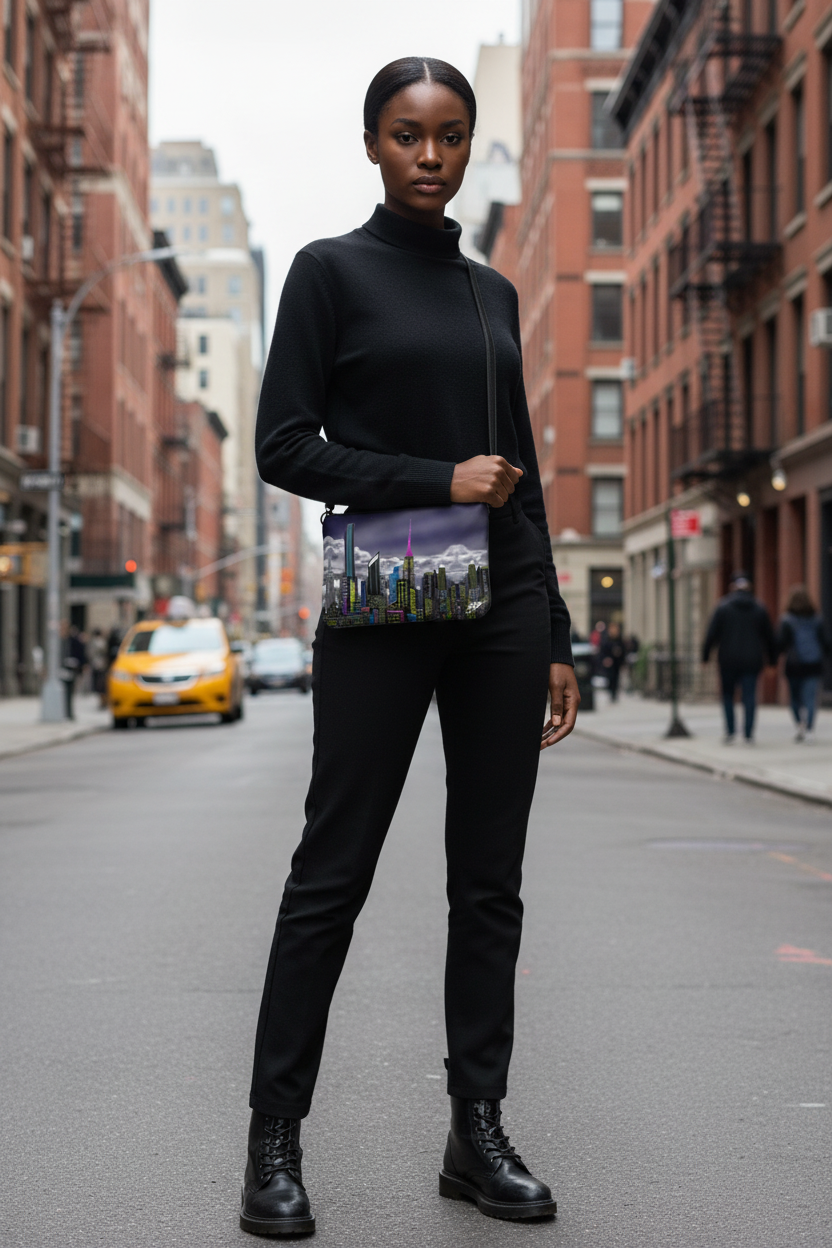 Person wearing a black outfit with a cityscape Loria NYC Art handbag on a city street.