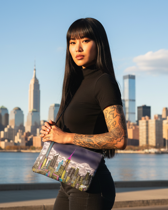 Woman holding a colorful Loria NYC Art bag with a cityscape design, standing in front of a city skyline.