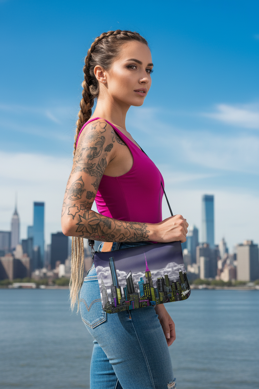 Woman holding a handbag with a cityscape Loria NYC Art design, standing on a bridge and skyline in the background.