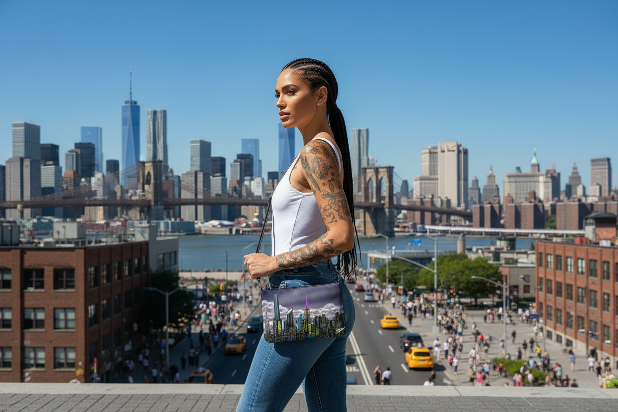 Woman with tattoos holding a colorful bag with cityscape Loria NYC Art design, standing by a waterfront with city skyline.