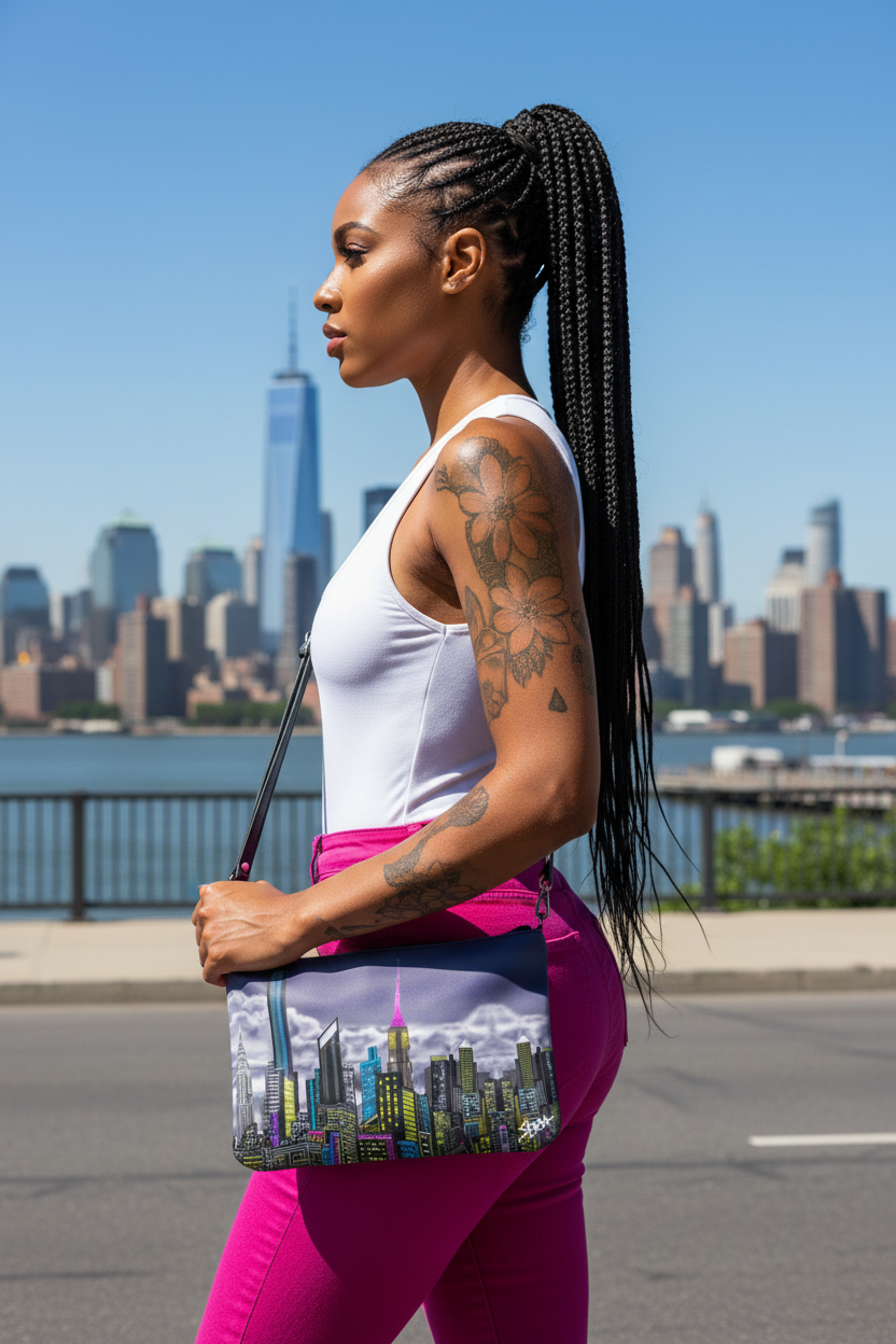 Woman holding a handbag with a cityscape Loria NYC Art design, standing in an urban setting.
