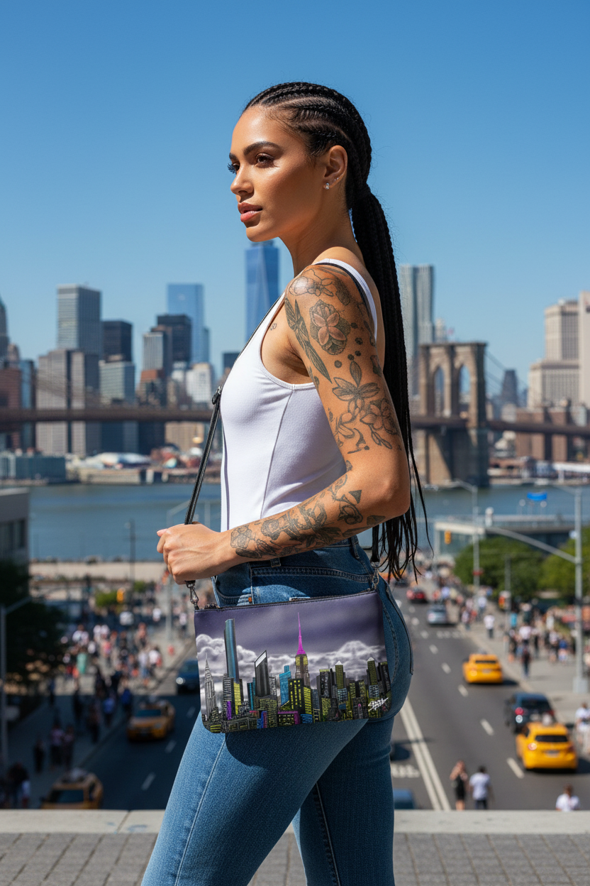 Woman holding a handbag with a cityscape Loria NYC Art design, standing in an urban setting with a bridge and skyline in the background.