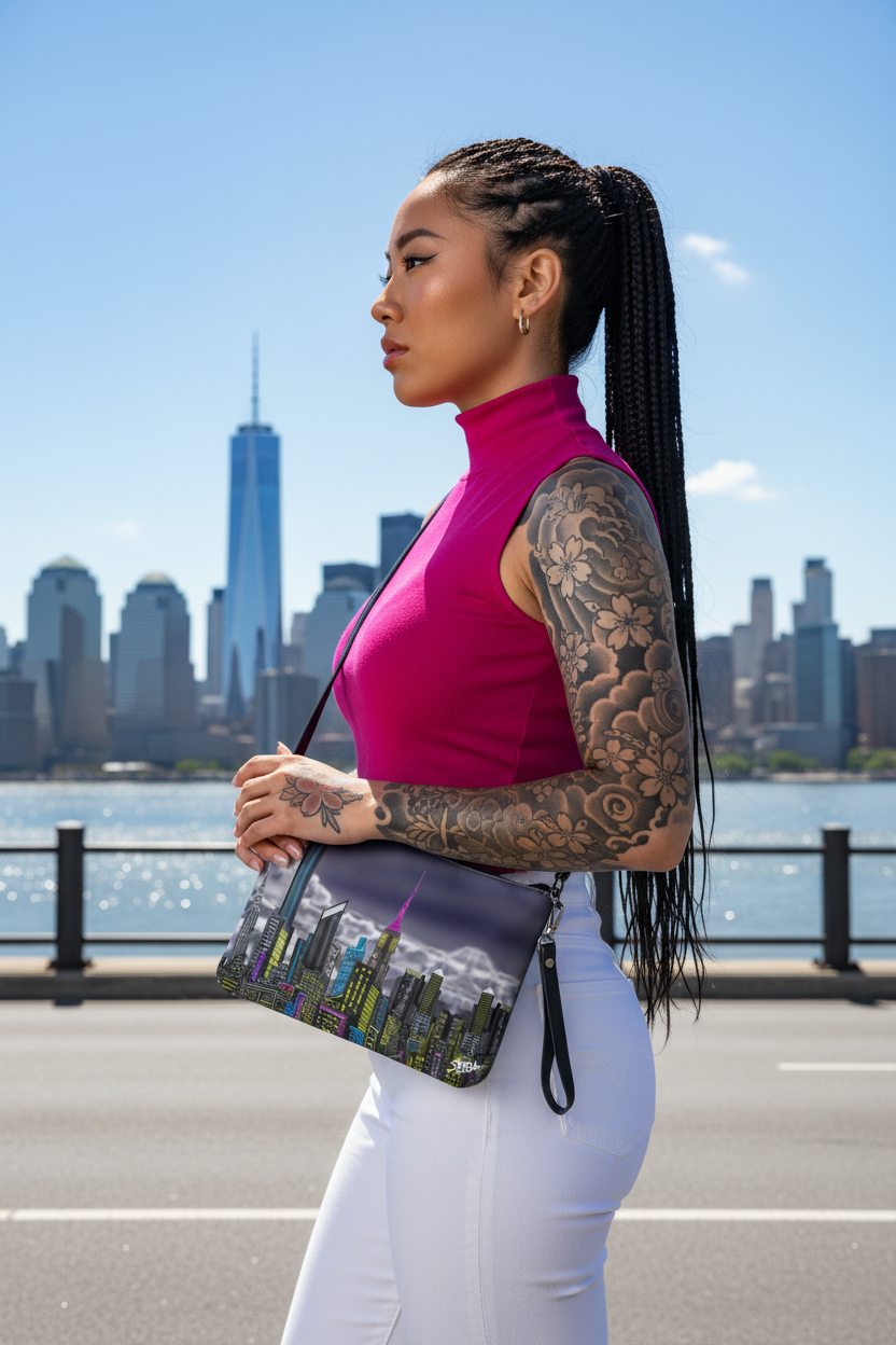 Woman with tattoos holding a colorful bag with cityscape Loria NYC Art design, standing by a waterfront with city skyline in the background.