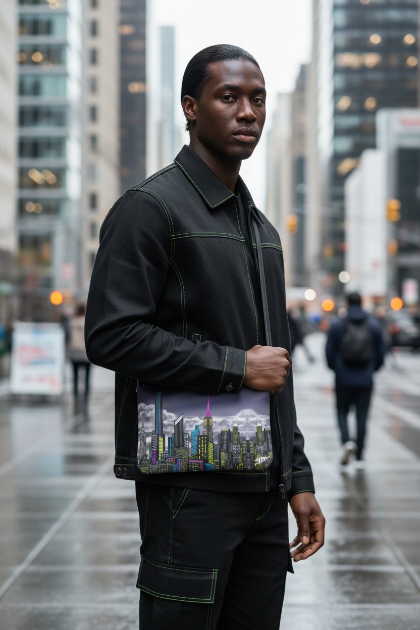 Man holding a bag with a cityscape Loria NYC Art design on a city street