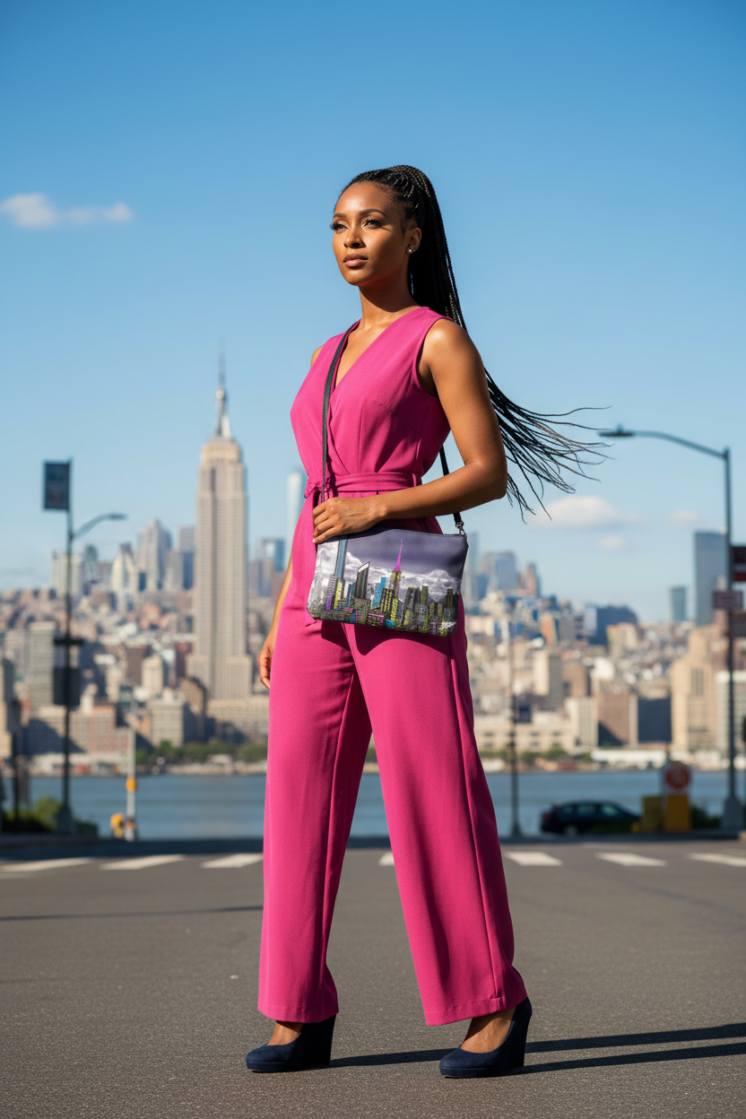 Woman holding a handbag with a cityscape Loria NYC Art design, standing in an urban setting with a skyline in the background.
