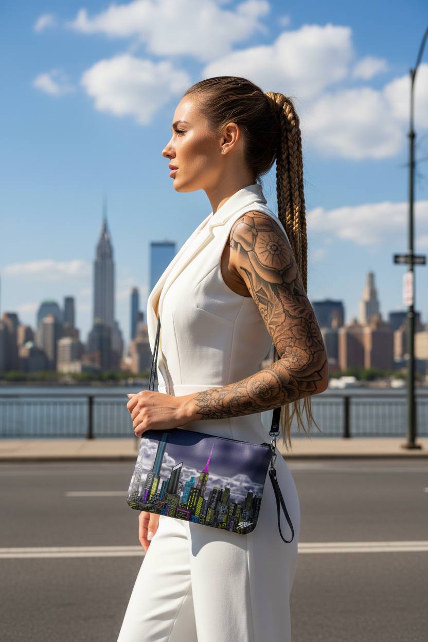 Woman holding a colorful handbag with a cityscape Loria NYC Art design, standing in an urban setting.