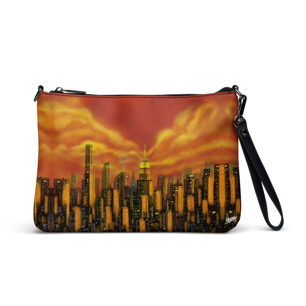 Pouch with Loria NYC Art cityscape design featuring tall buildings and a sunset sky.